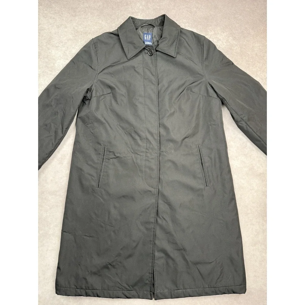 VTG GAP Coat Women Medium Black Long Insulated Button‎ Polyester Lined Jacket